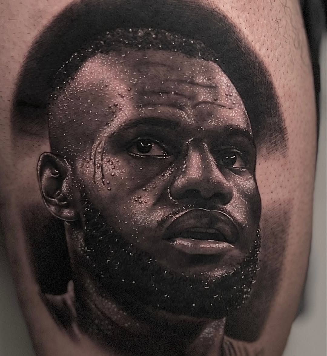 Portrait of LeBron James tattooed with skin texture in micro-realism