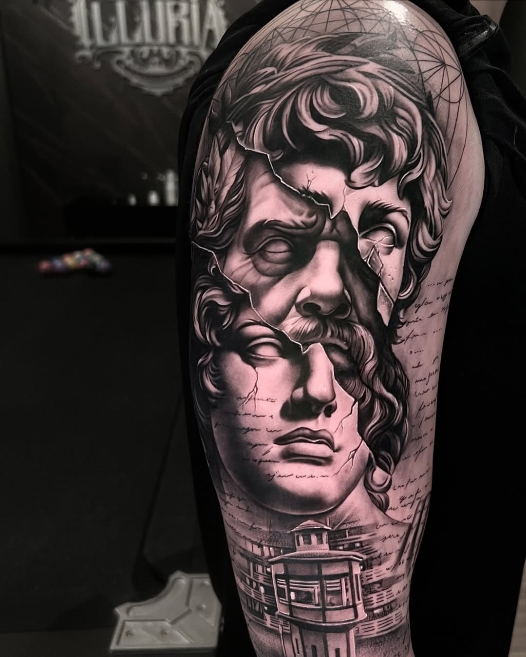 Cracked Greco-Roman sculptures tattooed in black and grey realism