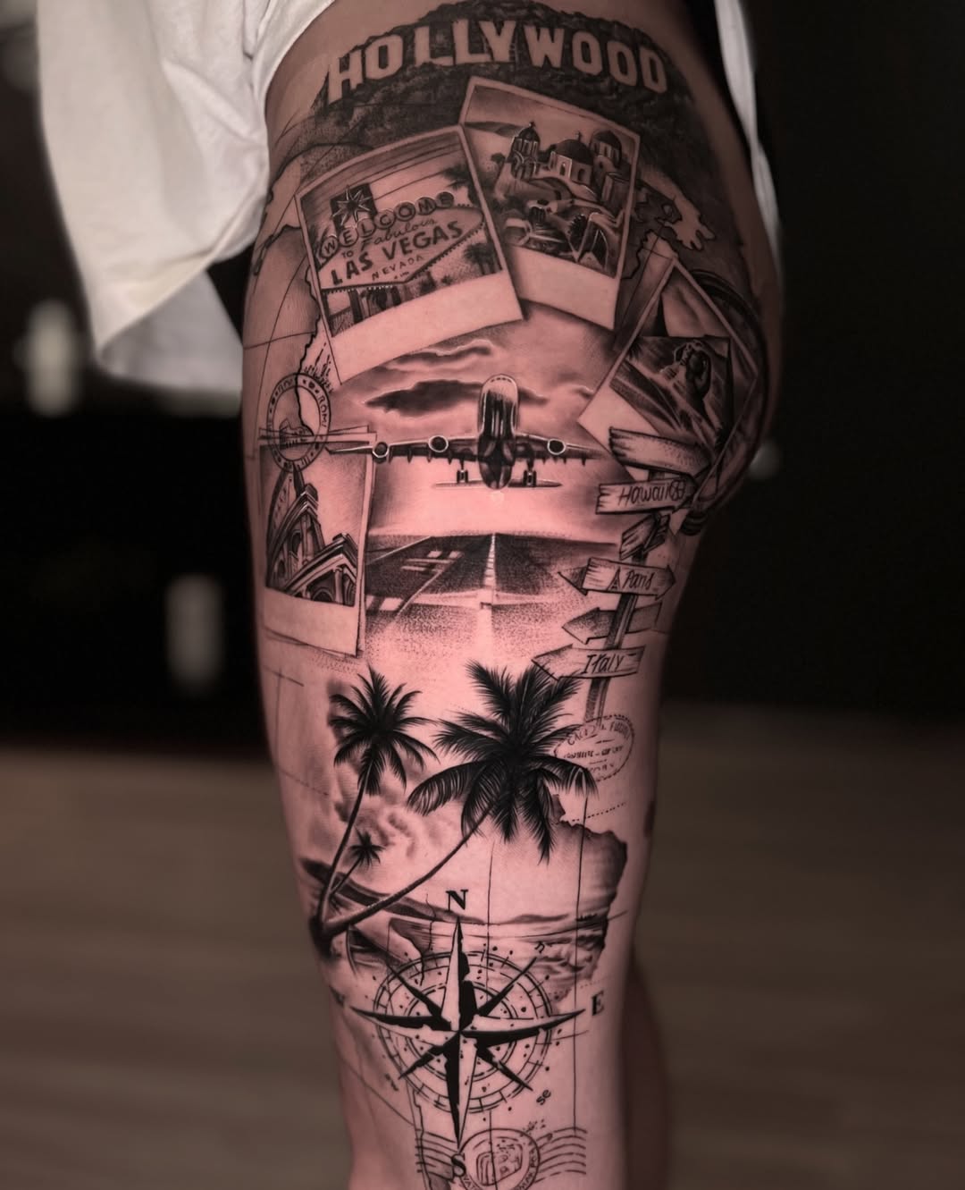 Leg sleeve with an aeroplane, Hollywood, Las Vegas and a nautical compass