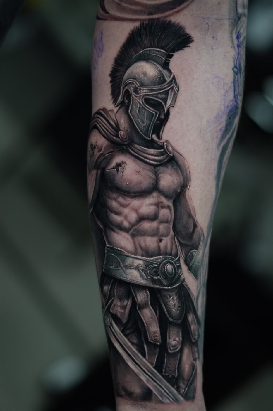 Spartan warrior standing with helmet, cuirass and gladius sword in hyperrealistic black and grey
